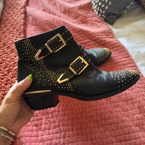 Black Studded Vince Camuto Ankle Boots with Gold Buckles